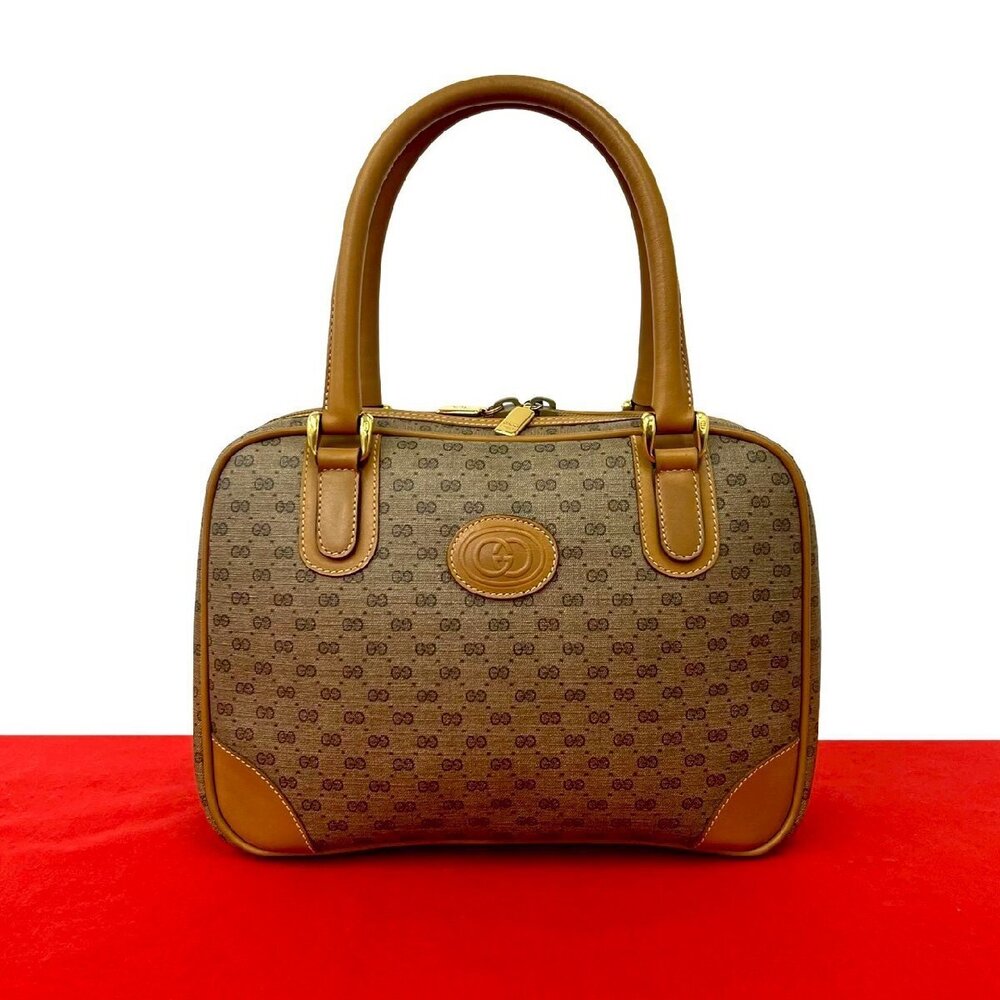 GUCCI GG Leather Handbag Boston Bag Brown Camel Brown
